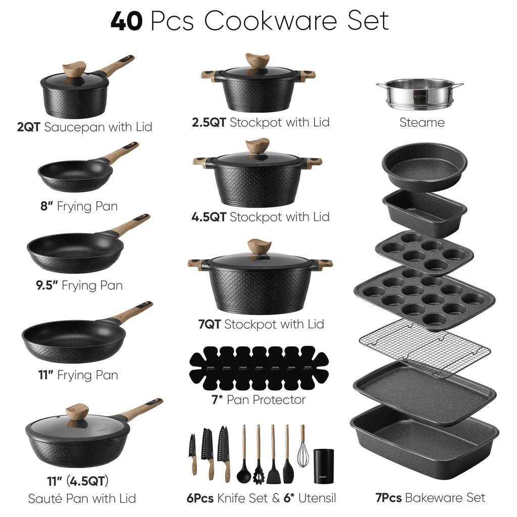 CAROTE 19-Piece Ceramic Pots and Pans Set, Nonstick Cookware Set with Lids, Induction Compatible, Oatmeal