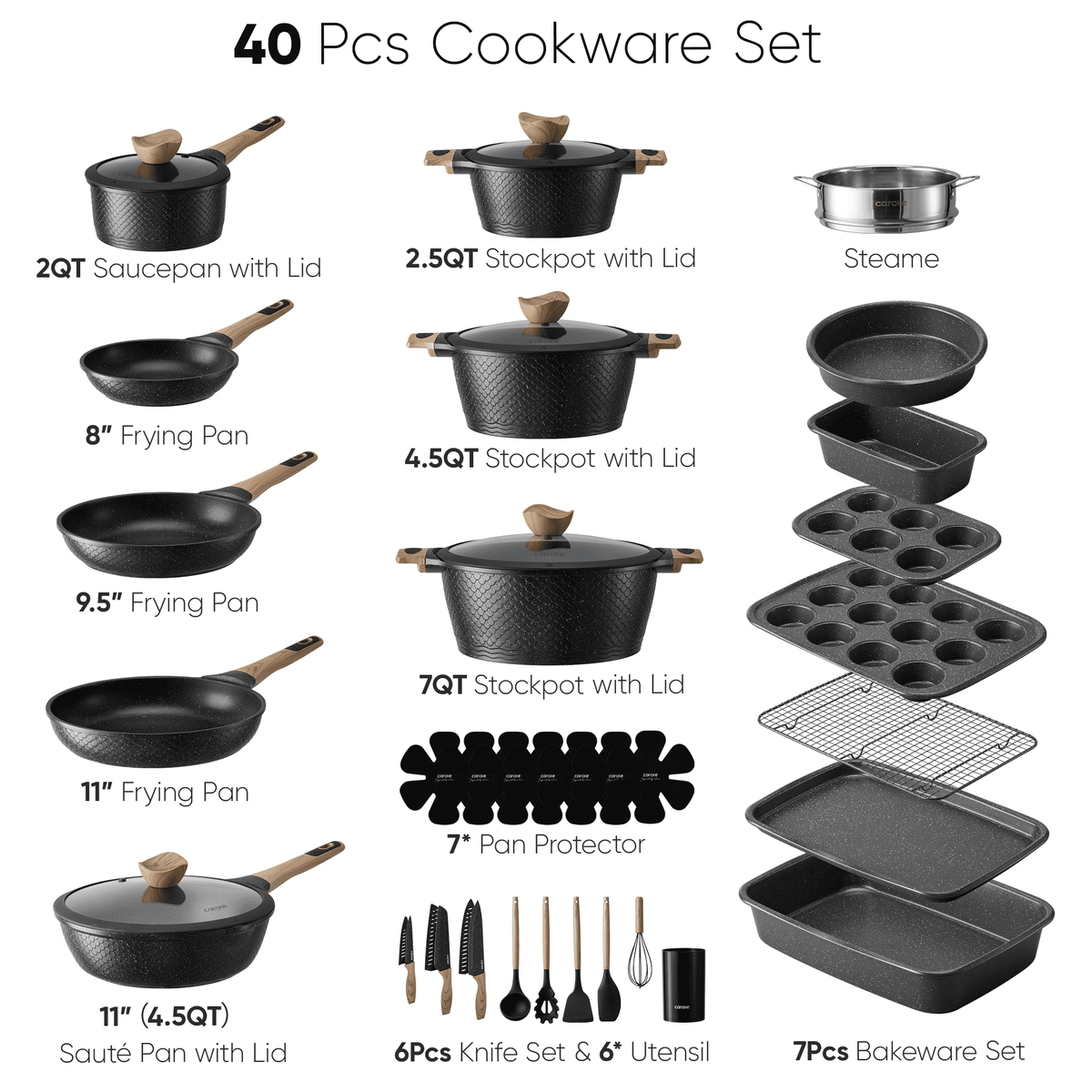 CAROTE 19-Piece Ceramic Pots and Pans Set, Nonstick Cookware Set with Lids, Induction Compatible, Oatmeal