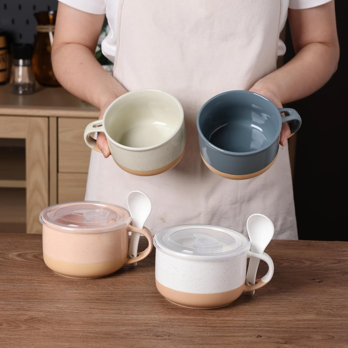 AmorArc Ceramic Soup Mugs with Handles and Lids,24 OZ Soup Cups Set of 2 with Terracotta Underside,Mug Bowls with Spoon for Soup/Cereal/Salad/Noodles/Ramen/Microware &Dishwasher Safe-White &Peach