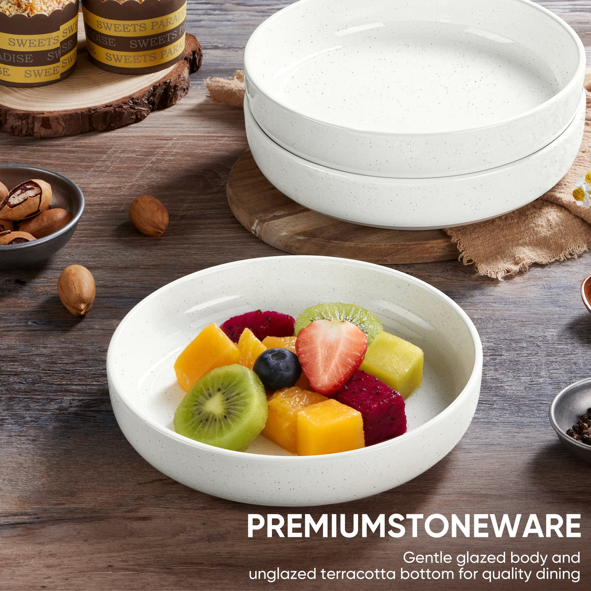 Vesteel Pasta Bowls Set of 6, 32oz Large Salad Bowl for Home Kitchen, Ceramic Serving Plates for Soup, Cereal, Fruits, Microwave & Dishwasher Safe, Speckled White