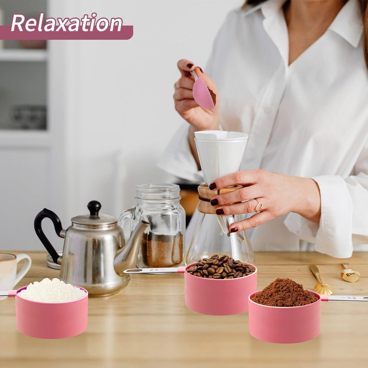 8Pcs Measuring Cups Set Measuring Spoons Set, Nesting Measure Cups with Stainless Steel Handle, For Measuring Dry and Liquid Ingredients Small Teaspoon with Plastic Head (Pink)