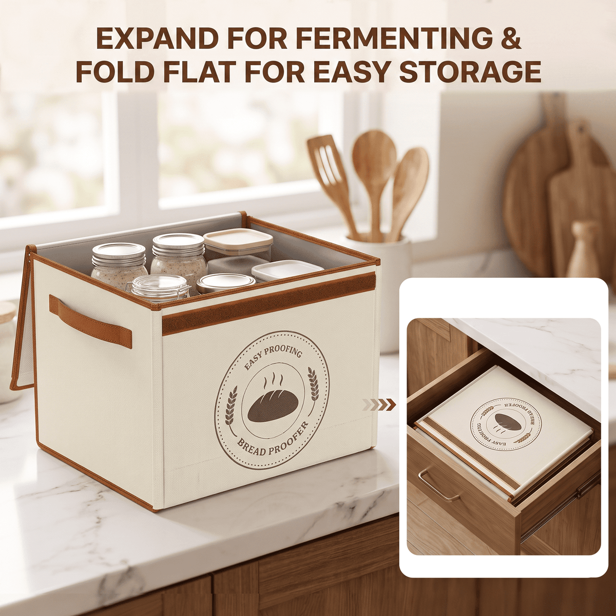 MYMULIKE Foldable Bread Proofing Box, 600D Oxford 50-113°F Temp Control & 48H Timer, 3-Side Heat Steel Rack for Sourdough, Bread, Pizza, Yogurt, Kombucha