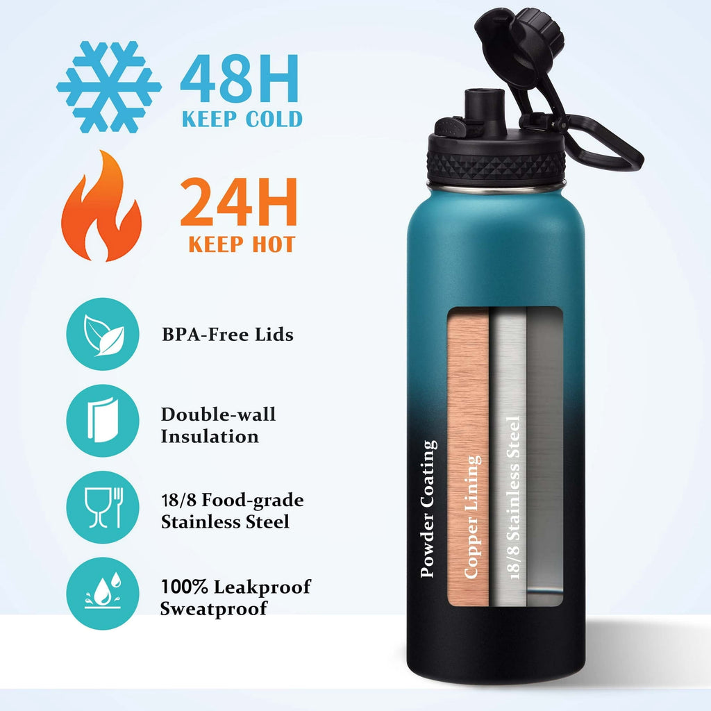 64 oz Water Bottle with Straw & Spout Lids - Half Gallon Insulated Water Bottle,Wide Mouth Metal Canteen Thermo Flask,Leak-proof Water Jug,Black