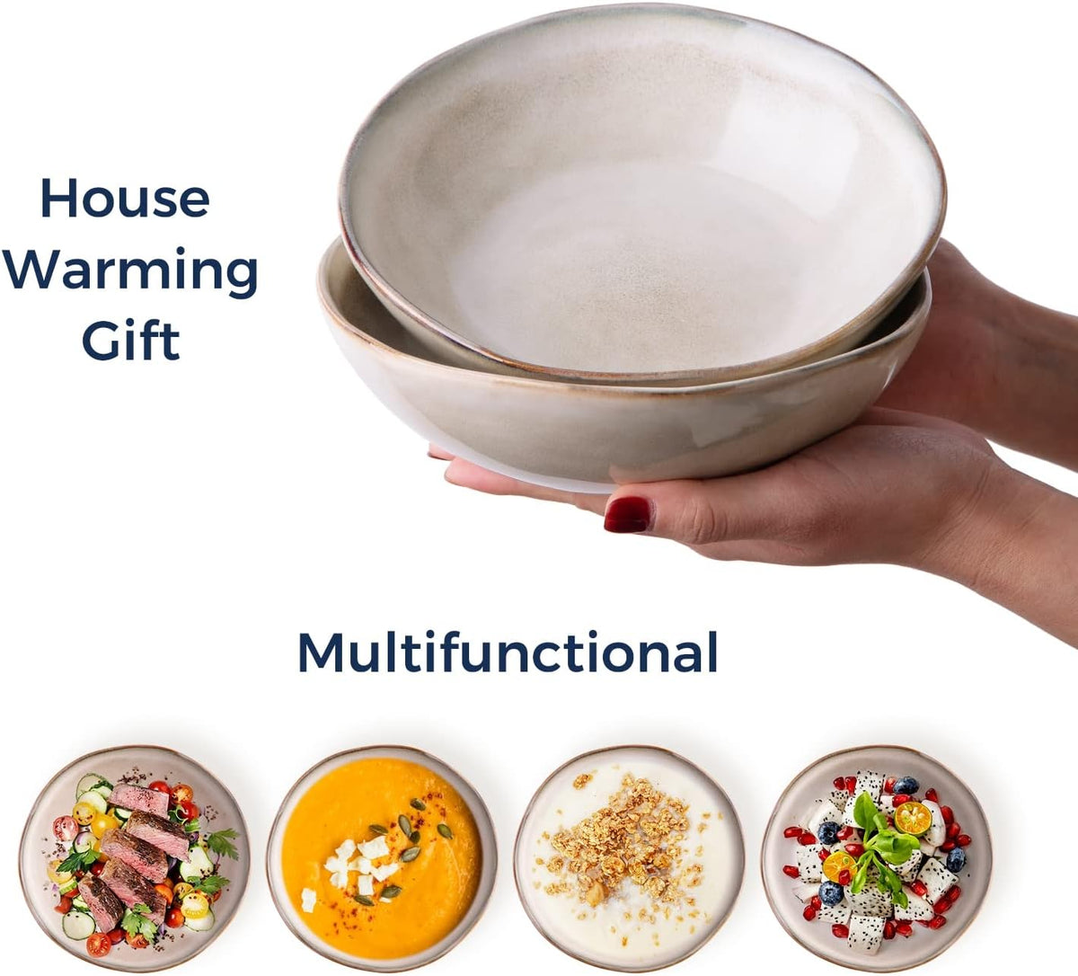 AmorArc Ceramic Cereal Bowls Set of 6, 24 oz Handmade Stoneware Bowls Set for Cereal Soup Salad, Stylish Kitchen bowls for Meal, Dishwasher & Microwave Safe, Reactive Glaze-Pearl White