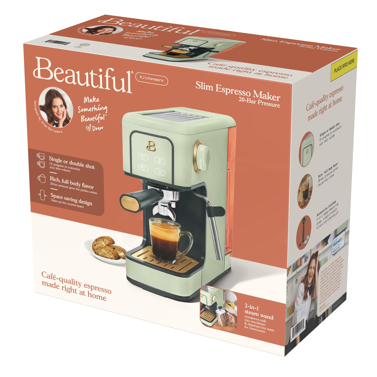 Beautiful by Drew Barrymore Slim Espresso Machine, 20-Bar Pressure, Black Sesame