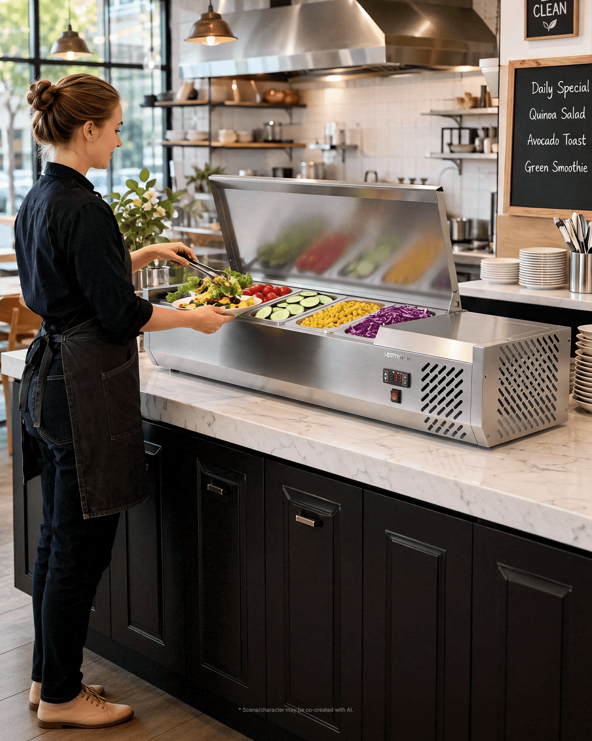 Upstreman Countertop Refrigerated Condiment Prep Station, 47" Sandwich Prep Table Stainless Steel 5 Pans Salad Bar Prep Table with Digital Temp Control, Silver
