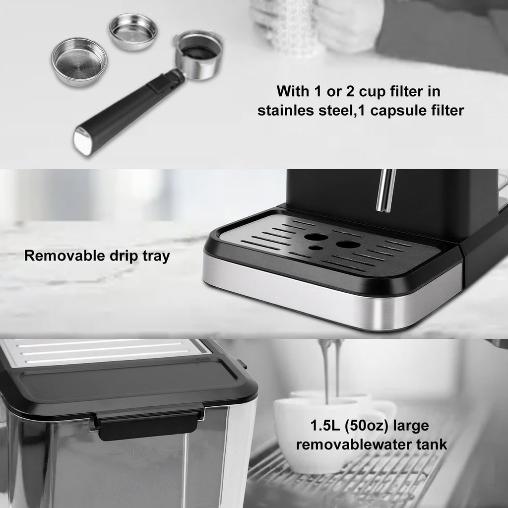 Fyydes Espresso Machine 20 Bar, 1.5L Water Tank with Milk Frother Steam, Stainless Steel Coffee Maker for Espresso, Latte, Mocha, Americano, 1050W, Silver