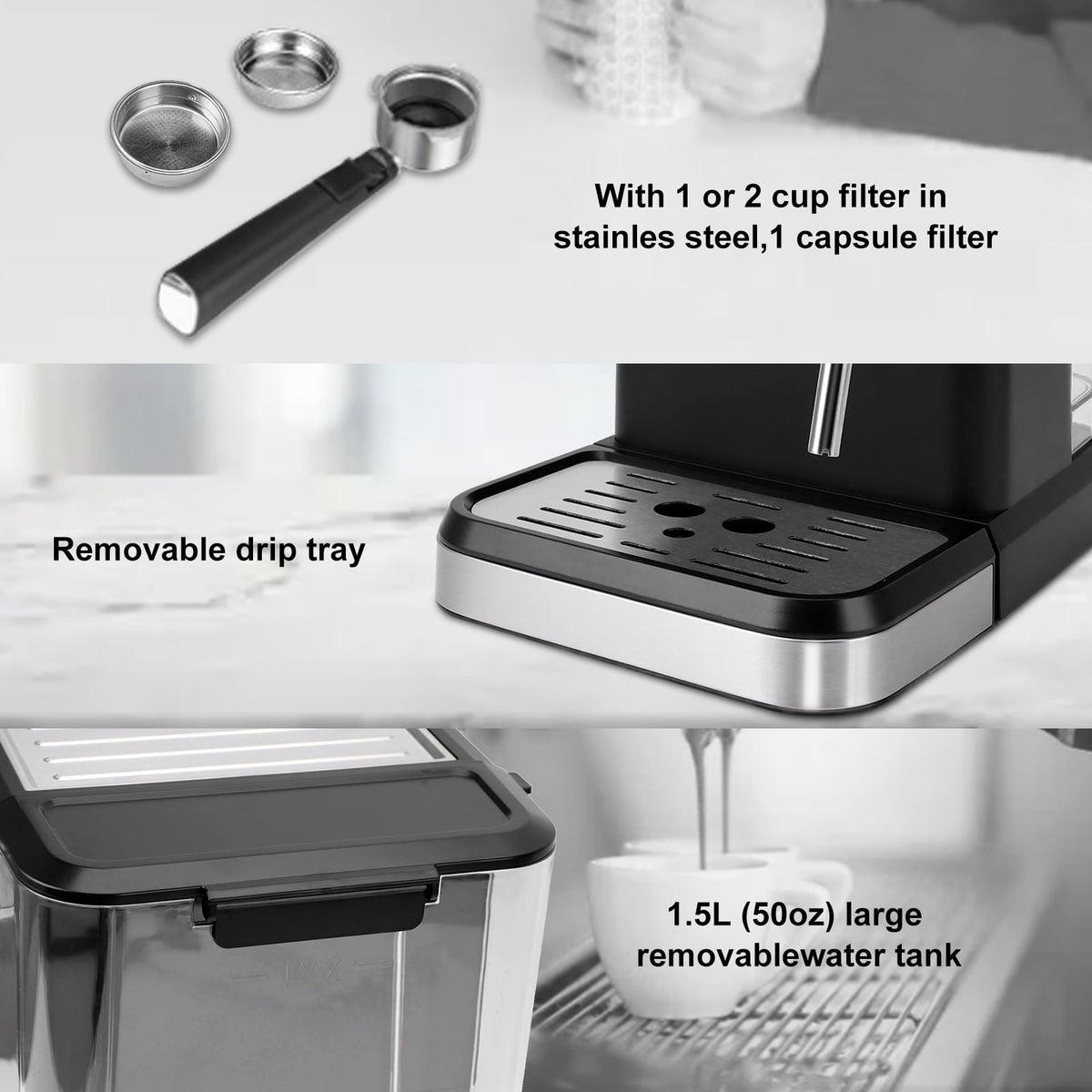 Fyydes Espresso Machine 20 Bar, 1.5L Water Tank with Milk Frother Steam, Stainless Steel Coffee Maker for Espresso, Latte, Mocha, Americano, 1050W, Silver