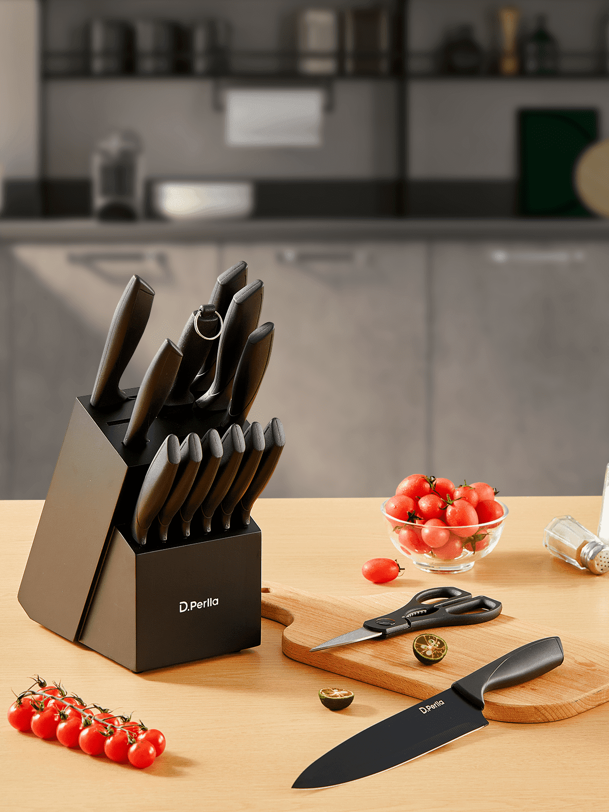 D.Perlla Kitchen Knife Set, 15 Pieces High Carbon Stainless Steel Knife Block Set with Anti-Rust & Non-stick Coating, Dishwasher Safe