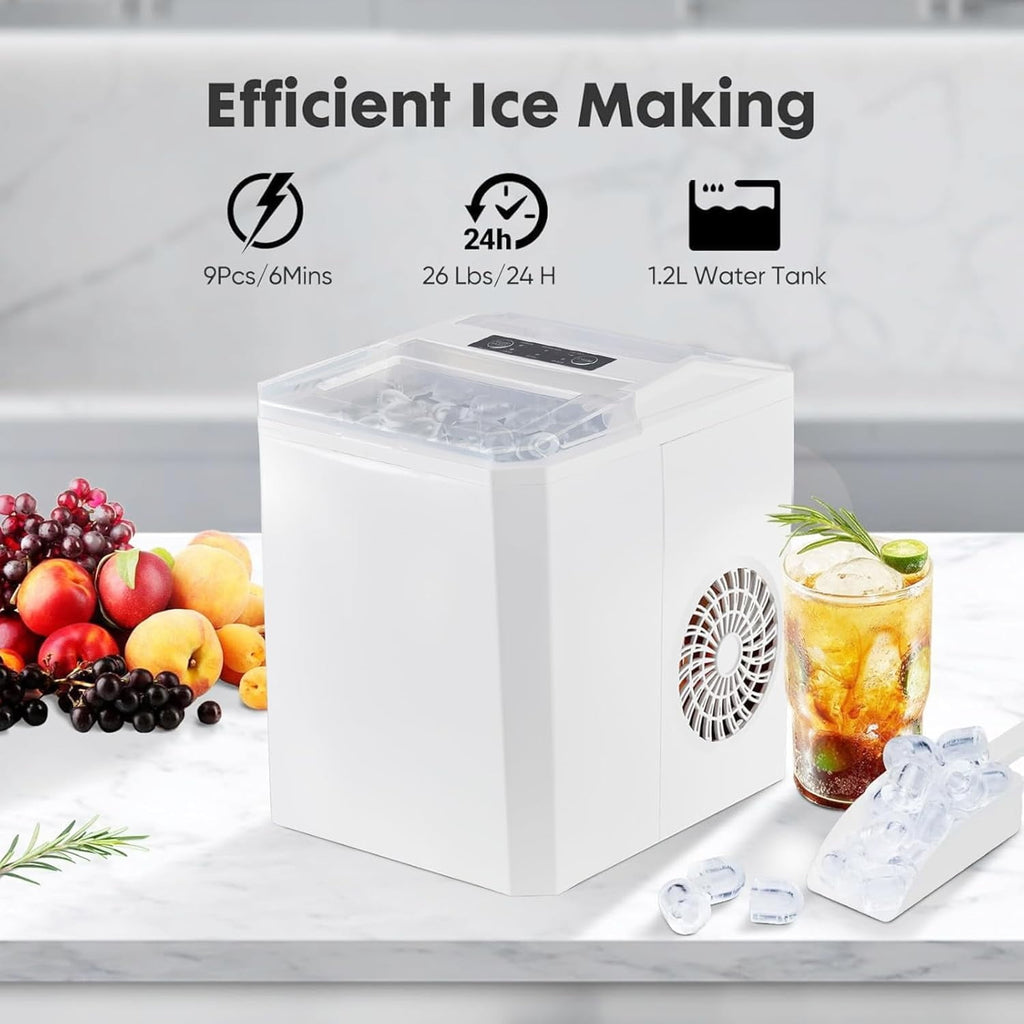 Ice Maker, Portable Countertop Icemaker Machine, Self Cleaning Quiet 2 Sizes Bullet Cubes Makers, 9 Cubes in 6 Mins, 26lbs/24Hrs with Ice Scoop, Basket for Home Kitchen Party,White