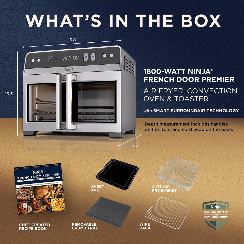 Ninja French Door 8-in-1 Countertop Oven, with Smart Surroundair Technology and Air Fry Function, Dishwasher Safe, 6 Pieces, FO100 Silver