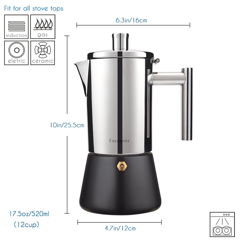Easyworkz Diego 12 Cup Stovetop Espresso Maker Stainless Steel Italian Coffee Maker Black, 17.5 oz