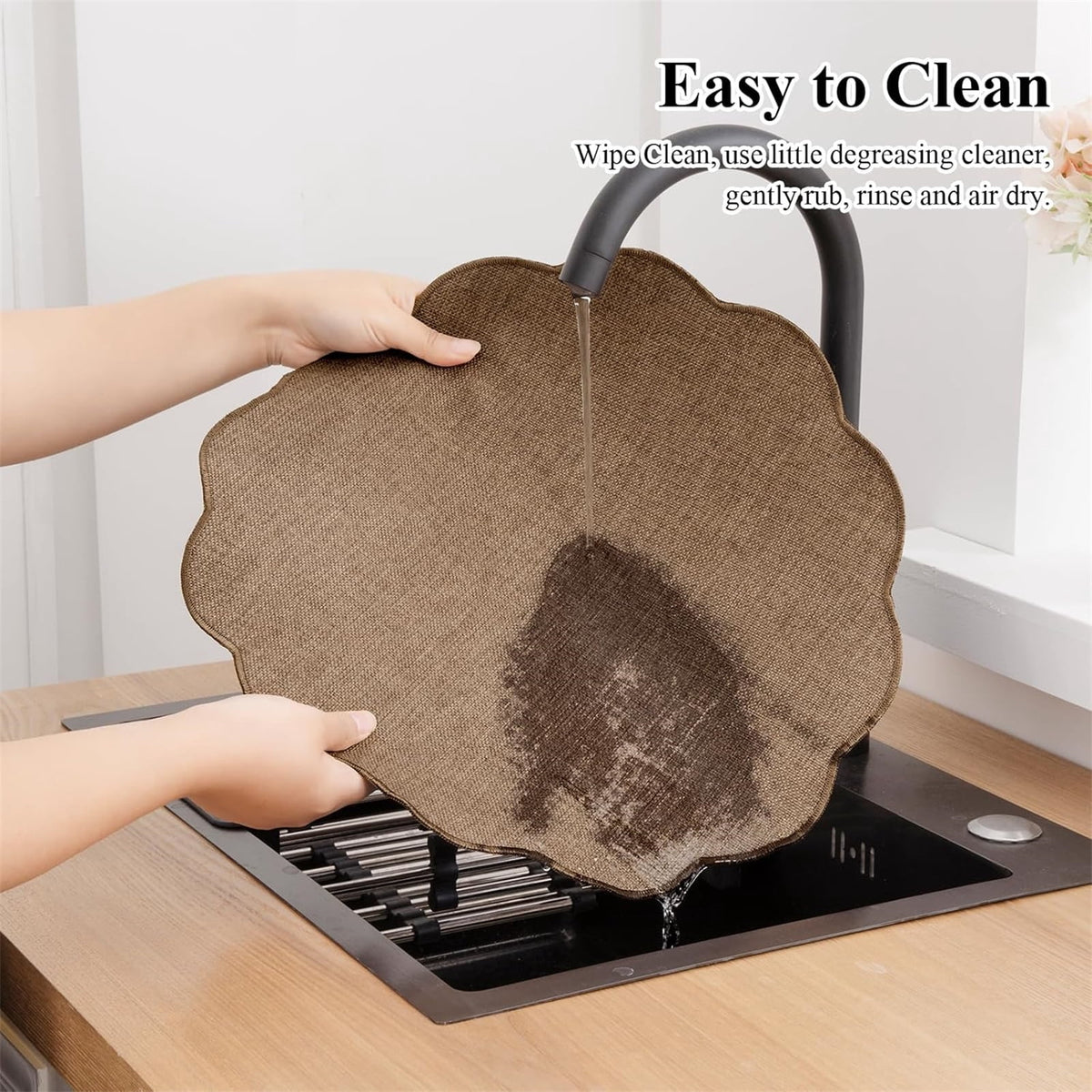 Ileading Scalloped Round Placemats Set of 6 Polyester Linen Blend Washable Non Slip Place Mats Easy Clean Heat Resistant Table Mats for Kitchen Dining Table Decor