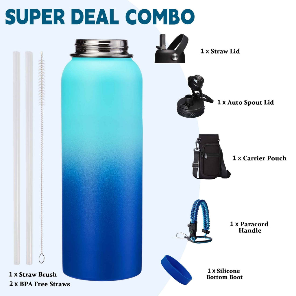 64 oz Water Bottle with Straw & Spout Lids - Half Gallon Insulated Water Bottle,Wide Mouth Metal Canteen Thermo Flask,Leak-proof Water Jug,Black