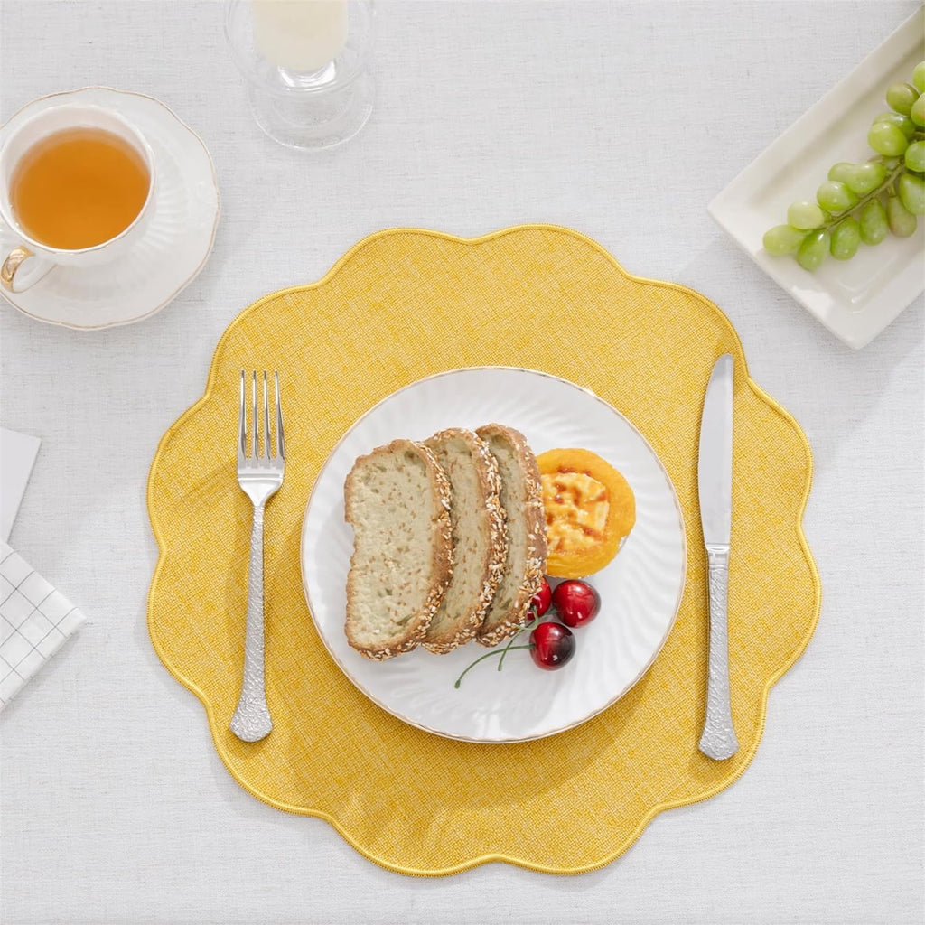 Ileading Scalloped Round Placemats Set of 6 Polyester Linen Blend Washable Non Slip Place Mats Easy Clean Heat Resistant Table Mats for Kitchen Dining Table Decor