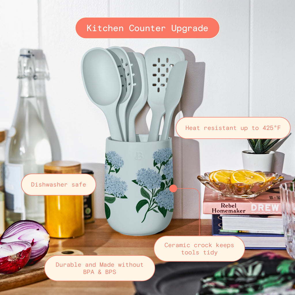 Beautiful 6-Piece Silicone Kitchen Tool Set with Ceramic Crock, Chocolate by Drew Barrymore