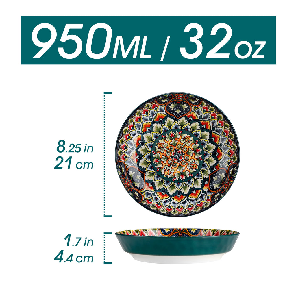 Vancasso Pasta Bowls, Ceramic 32 oz Dinner Bowls Set of 6, Bohemian Salad Bowls, Large Serving Bowls for Soup and Cereal, Microwave and Dishwasher Safe, Series LUMI