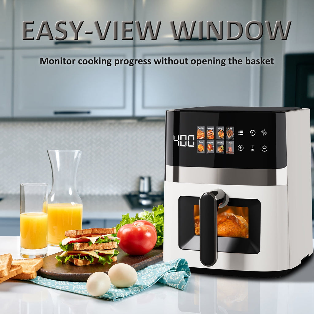 Bluebow 6QT Air Fryer, 8-in-1 Electric Hot Oven with Digital LED Touchscreen, Visible Window, 1500W, New, Black