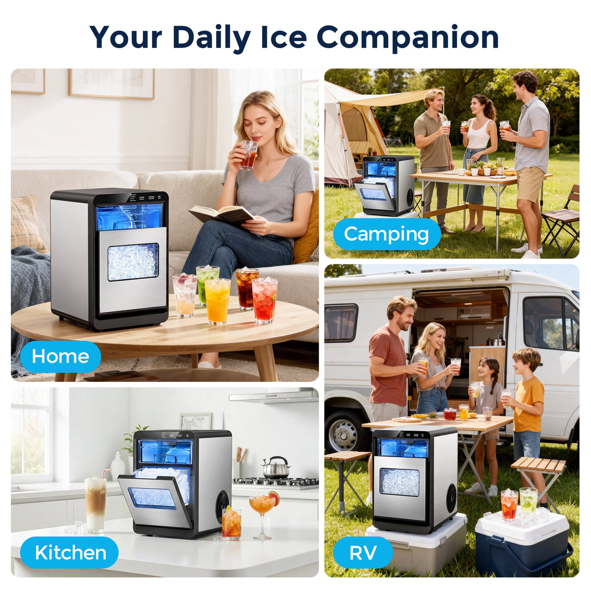 Snowyermine Nugget Ice Maker Countertop, 44 lbs per Day, Soft, Chewable Sonic-Style Pebble Ice, One-Touch Self-Cleaning, Stainless Steel, Black, for Home, Kitchen, Office, RV and Camping