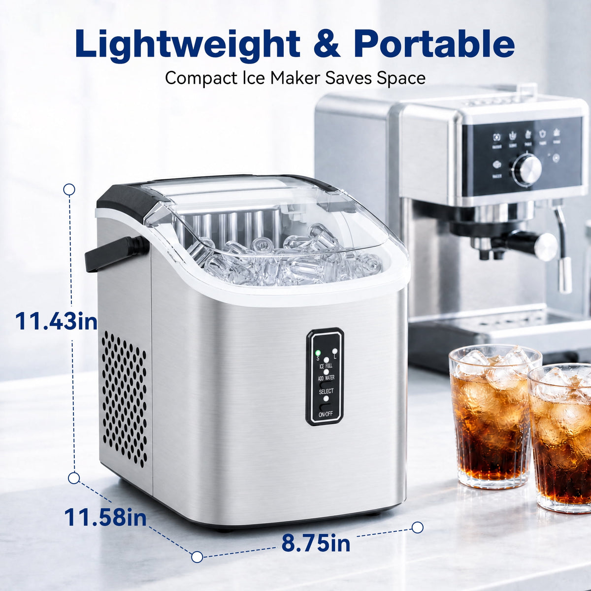 Snowyermine Countertop Ice Maker with Handle, 26 lbs/24H Portable Ice Machine, 2 Bullet Ice Sizes, 9 Cubes in 6 Minutes, Self-Cleaning for Home, Bar, RV and Camping