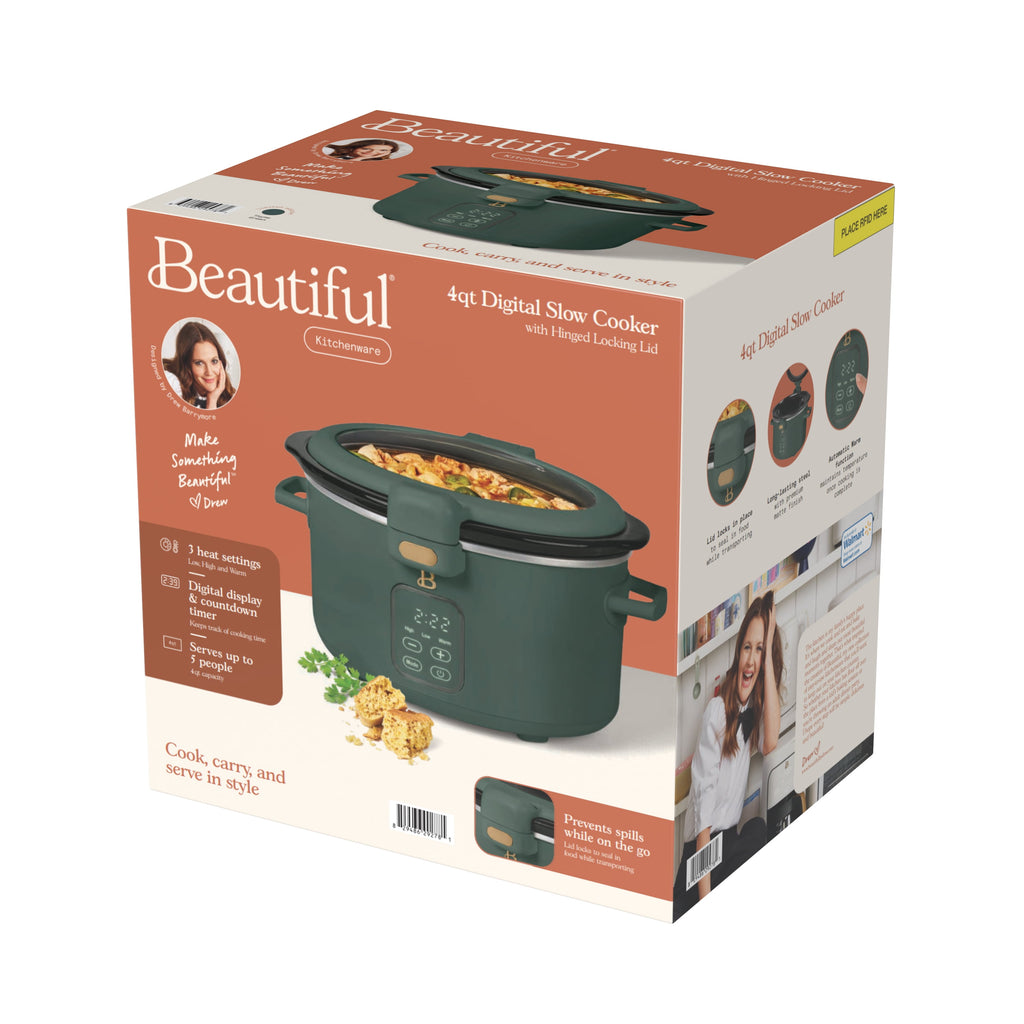 Beautiful 4 Qt Digital Slow Cooker with Hinged Locking Lid, Thyme Green by Drew Barrymore