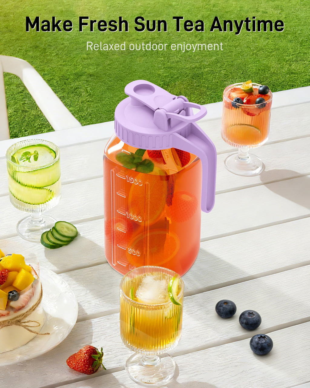 VA1KENE Glass Pitcher with Lid, Mason Jar Pitcher with Spout and Handle for Lemonade, Iced Drinks, and Sun Tea 64oz Gray