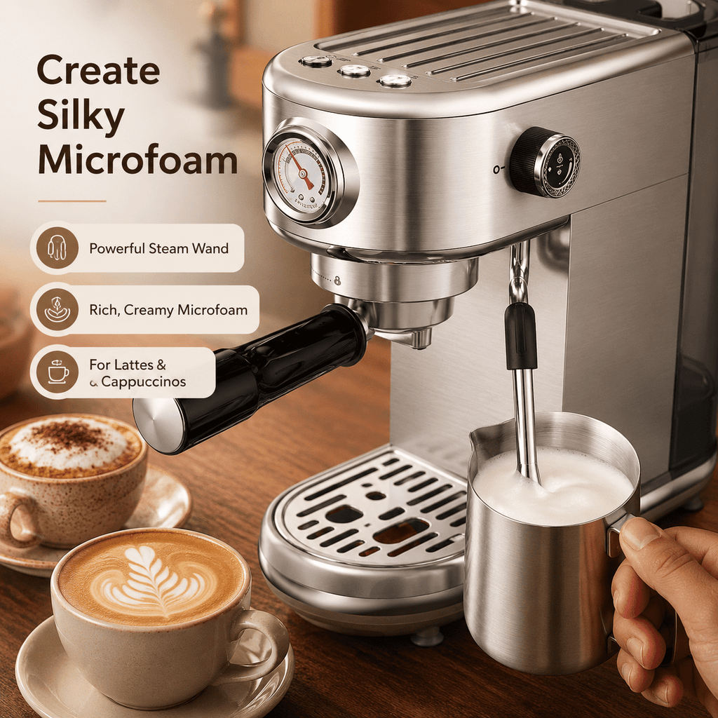 20 Bar Espresso Machine with Milk Frother, Steam Wand & Pressure Gauge, Amumu Compact Stainless Steel Coffee Maker for Cappuccino & Latte, Silver