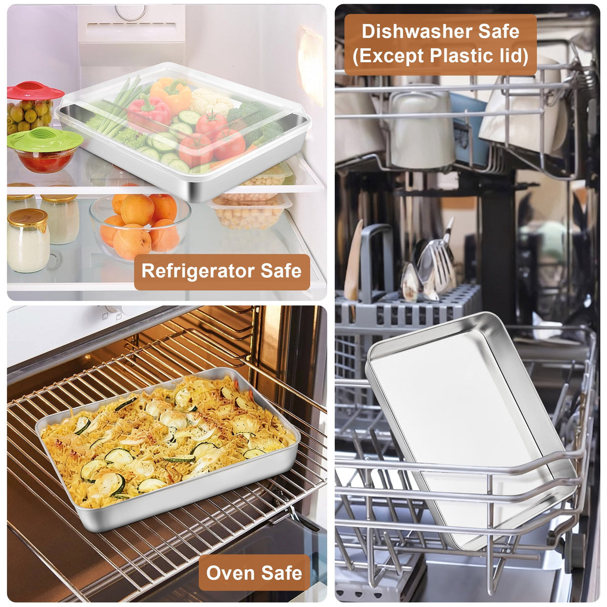Baking Pans Set of 3, VeSteel Stainless Steel Sheet Cake Pan for Oven - 12.5/10.5/9.4Inch, Rectangle Bakeware Set for Cake Lasagna Brownie Casserole Cookie, Non-toxic & Healthy, Dishwasher Safe