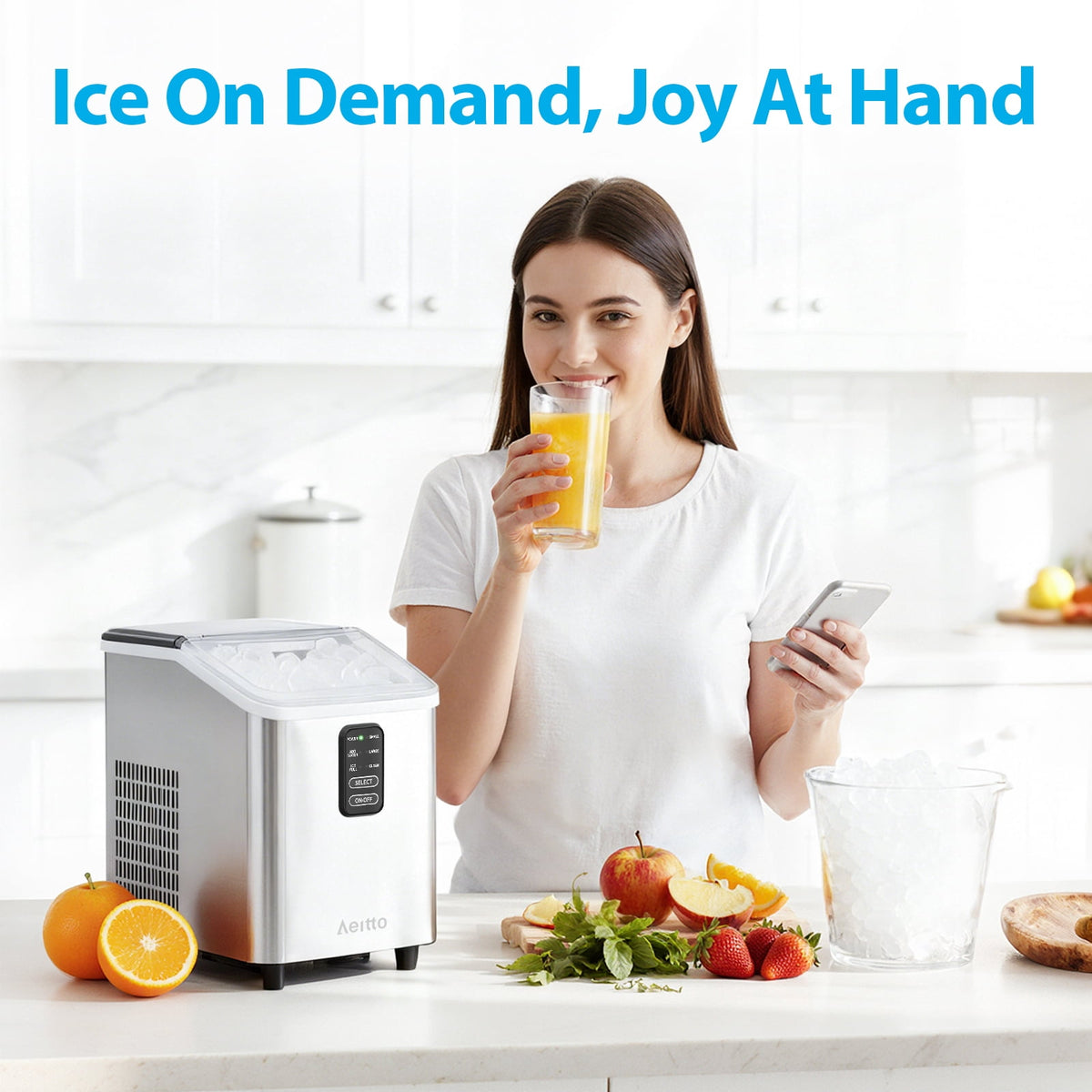 Aeitto Countertop Ice Maker Bullet Ice Machine, 8 Ice Cubes in 6 mins,26lb/Day Ice with 2 Sizes- Self-Cleaning Compact Portable Ice Makers for Home Kitchen, Office, RV