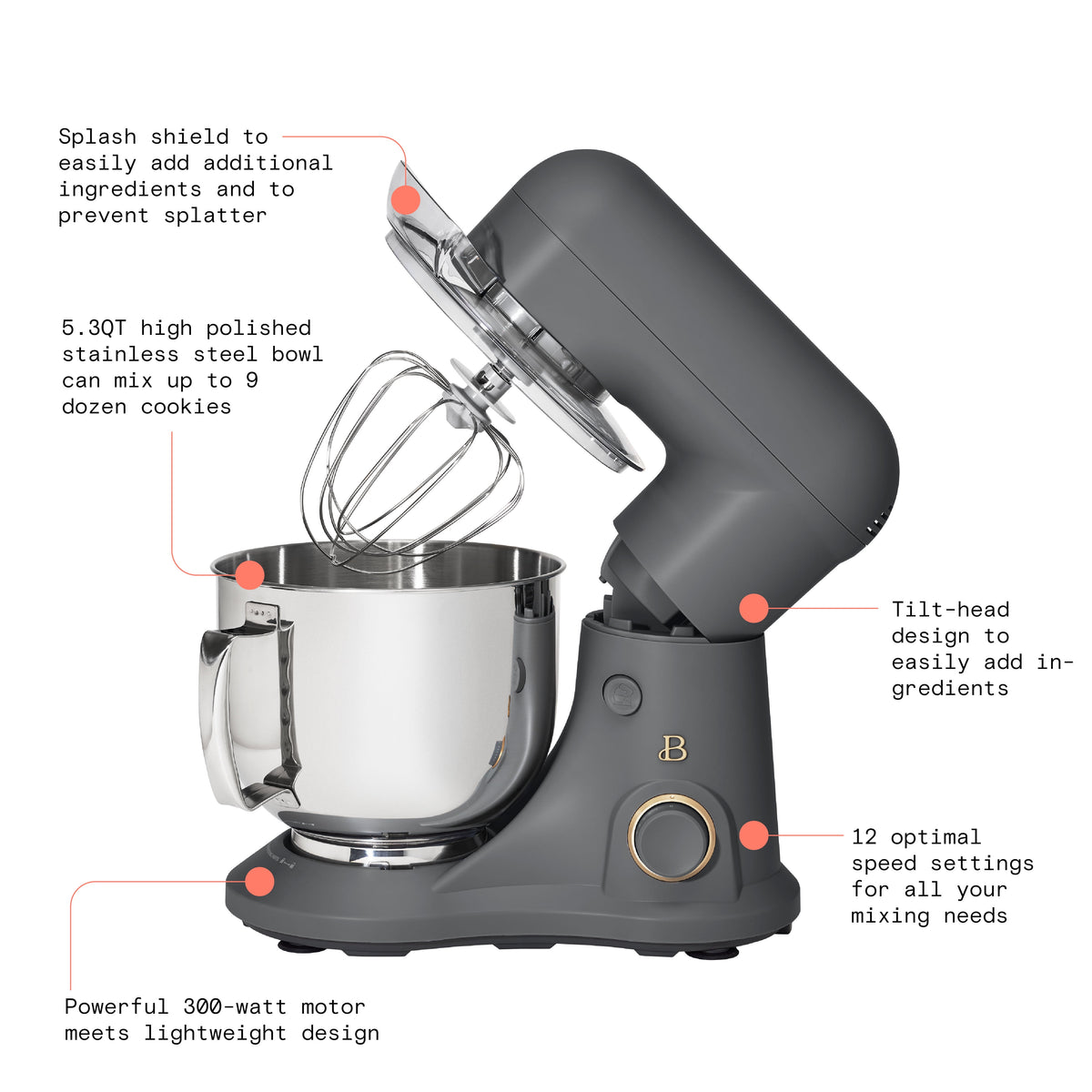 Beautiful 5.3 Qt Stand Mixer, Lightweight & Powerful with Tilt-Head, Chocolate by Drew Barrymore
