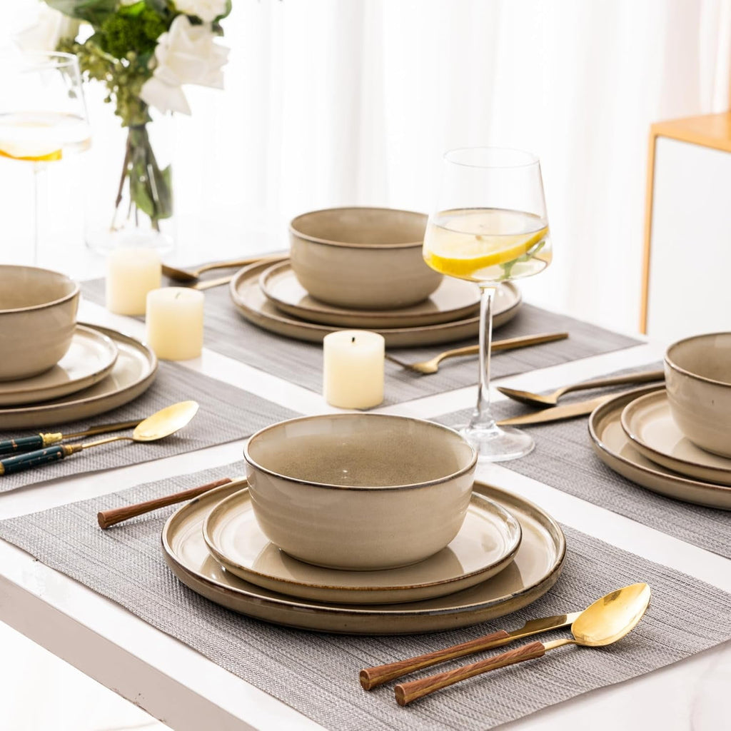 AmorArc Ceramic Dinnerware Sets for 4, 12 Pieces Stoneware Plates and Bowls Sets, Reactive Glaze Dishes -Scratch Resistant, Dishwasher&Microwave Safe, Space Blue (Service for 4)