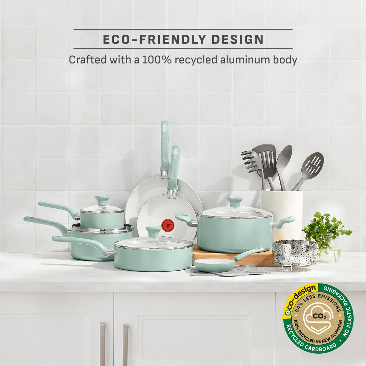 T-fal Easy Care 18 Piece Ceramic Nonstick Cookware Set, Pots and Pans, Mint Green