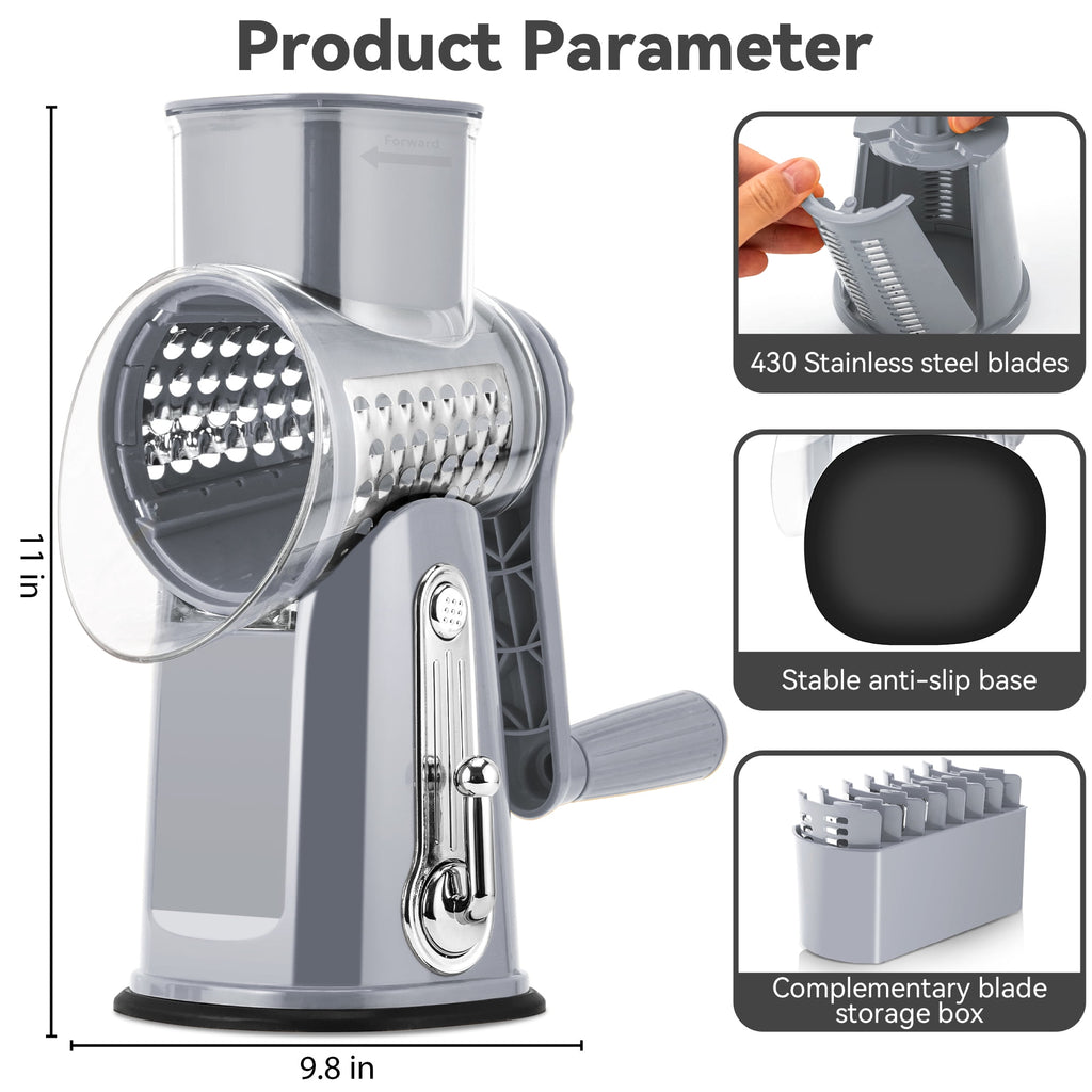 Pukomc Rotary Cheese Grater with Handle- 5 Blades, Suction Base, Mandoline Slicer & Veg Shredder with Blade Storage Box(Green)