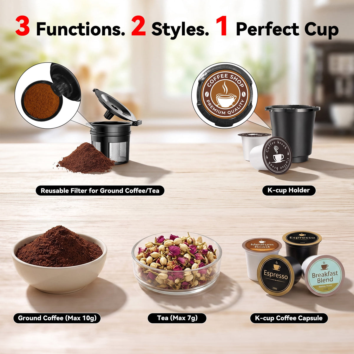 3 in 1 Single Serve Coffee Maker, Instant Coffee Maker One Cup for K Cup & Ground Coffee & Tea, Capsule Coffee Machine with 6-12oz Brew Size Reservoir, Fast Brewing and One Button, Black