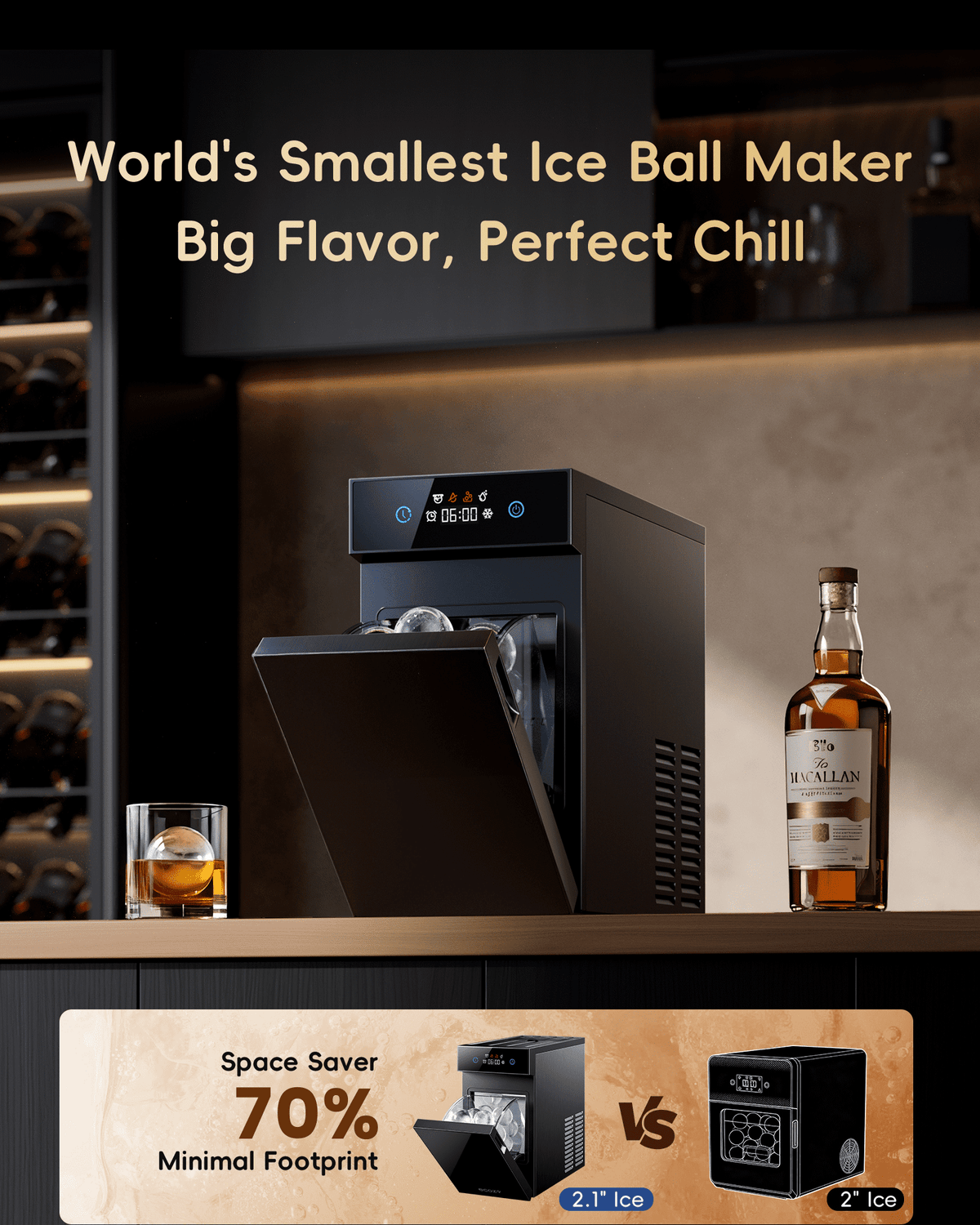 Ecozy Chillio 2.4" Crystal Clear Ice Ball Maker with CrystalFlux Technology, Compact Sphere Ice Machine with Timer, 32 Balls/Day, for Home Bar