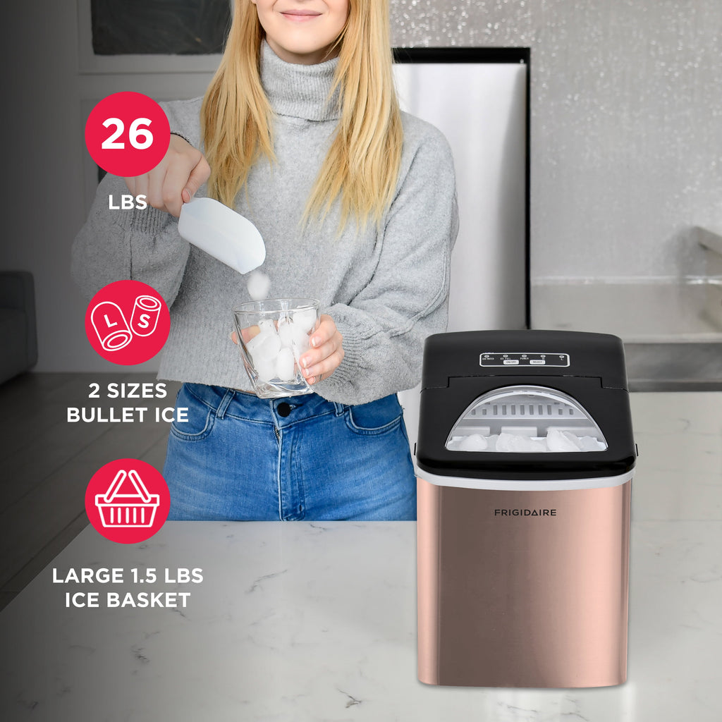 Frigidaire 26 lb. Bullet Ice Maker, Countertop Ice Machine with LED Control Panel, Red Stainless Steel
