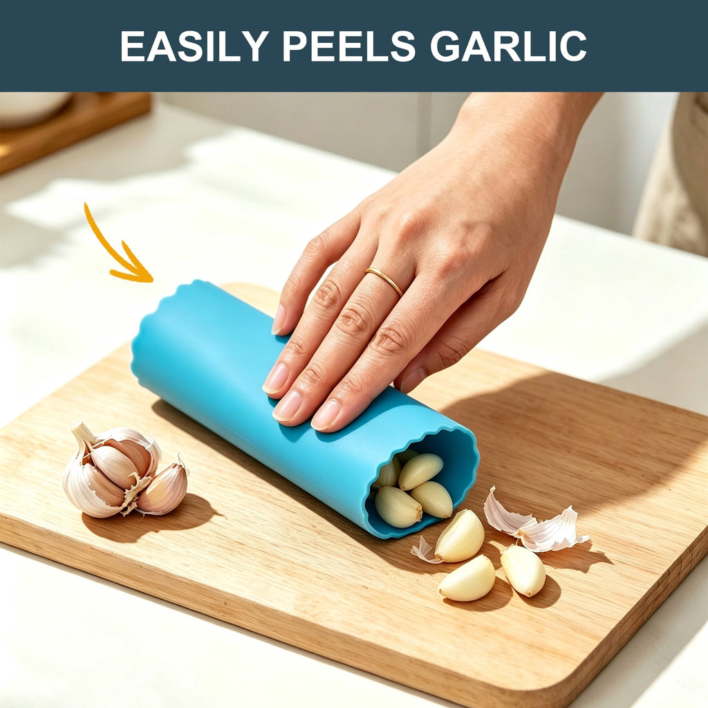 3-Piece Garlic Press Set with Silicone Peeler & Cleaning Brush, Stainless Steel Mincer for Garlic and Ginger, Easy Squeeze Kitchen Tool