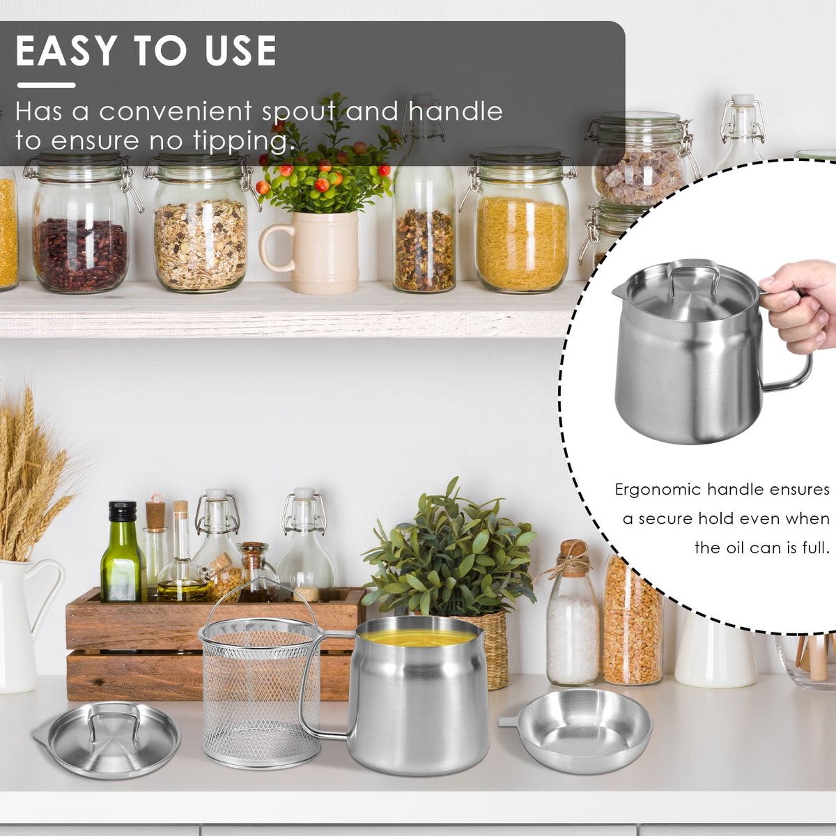 68oz Oil Strainer Pot 304 Stainless Steel Oil Grease Container Can with Filter Lid and Frying Basket Oil Container Can for Storing Frying Cooking Grease