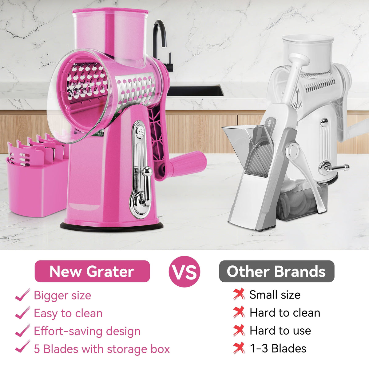 Pukomc Rotary Cheese Grater with Handle- 5 Blades, Suction Base, Mandoline Slicer & Veg Shredder with Blade Storage Box(Green)