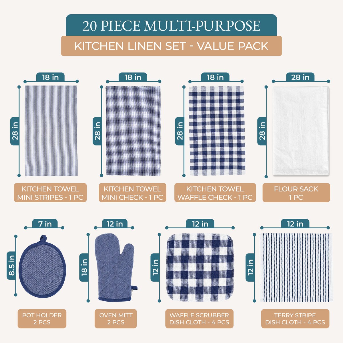 20 Piece Kitchen Towel Set - Cotton Dish Towels, Heat Resistant Kitchen Mittens and Pot Holder Set, Apron for Women with Pockets , Absorbent Dish Towels for Kitchen Drying - Olive