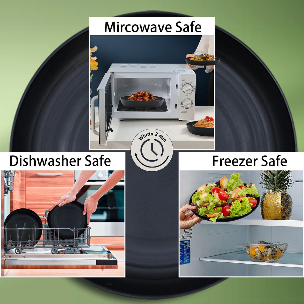 Soulgenix Wheat Straw Dinnerware Set, 48 Piece Plastic Plates and Bowls Sets for Microwave & Dishwasher Safe, Unbreakable Reusable Dish Set for Home, Dorm, Picnic, Black