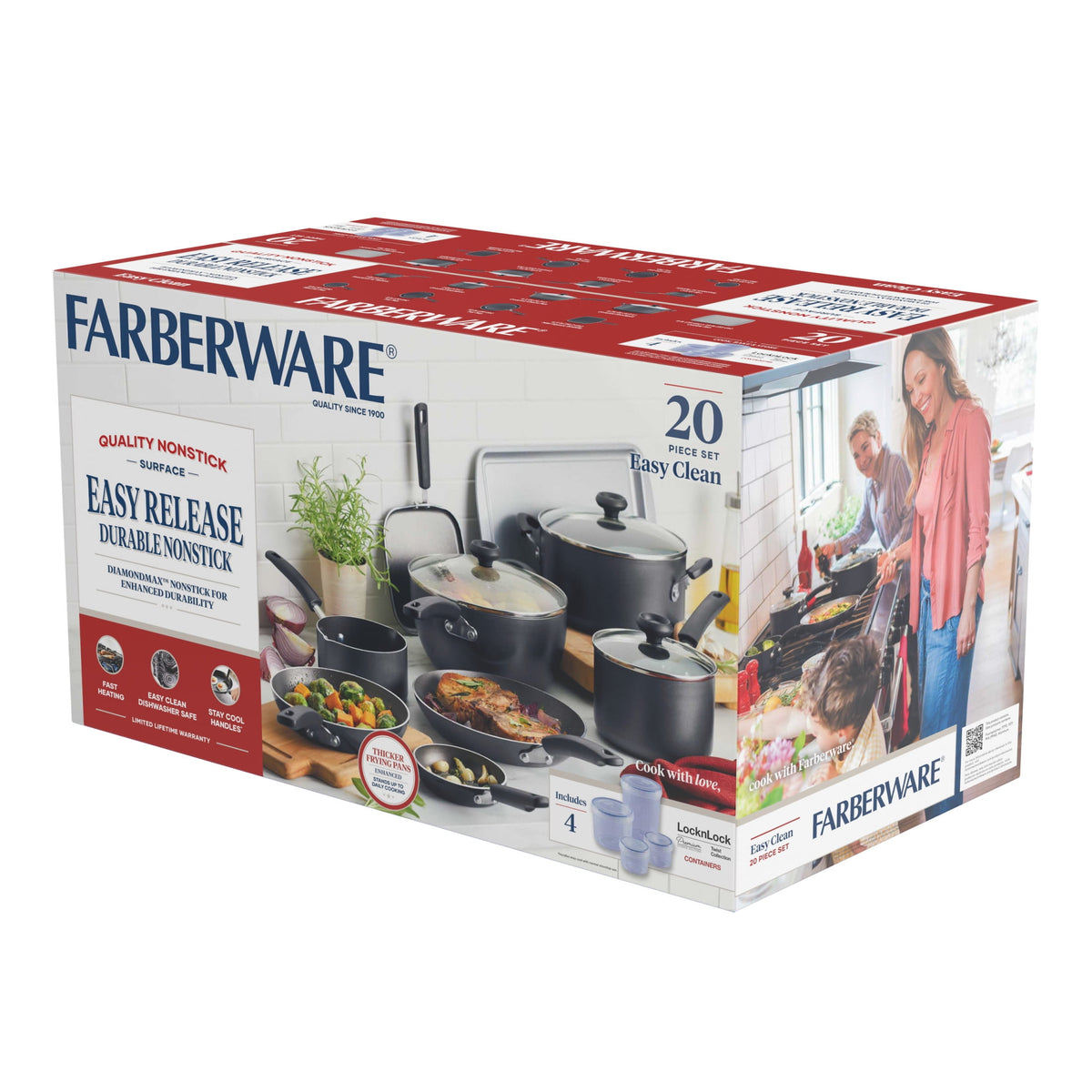 Farberware Easy Clean 20 Pcs Nonstick Cookware Set and Glass Lids with Cooking Tools and Food Storage Containers, Dishwasher Safe, Gray