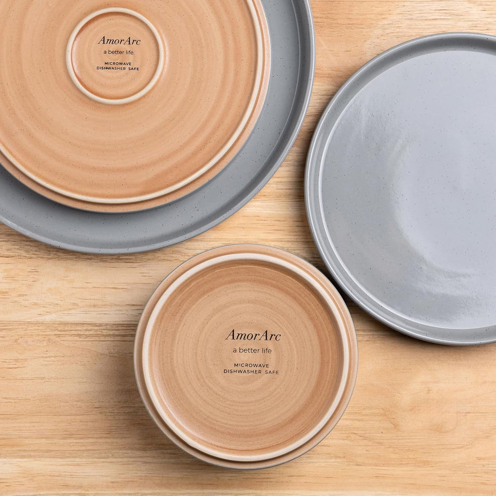 AmorArc Ceramic Dinnerware Set for 4 | Speckled Stoneware Plates and Bowls with unglazed terracotta | Scratch Resistant, Dishwasher & Microwave Safe Dishes Sets- 12-Pcs Pink