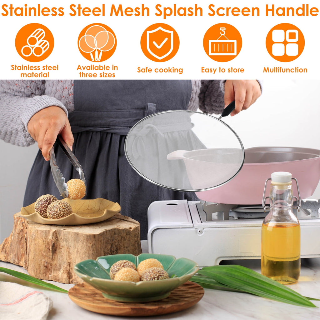 3 Piece Stainless Steel Fine Mesh Splatter Screen Set, 13", 11.4", 9.8" Splatter Screen for Frying Pan, Grease Splatter Guard with Heat-Resistant Handles
