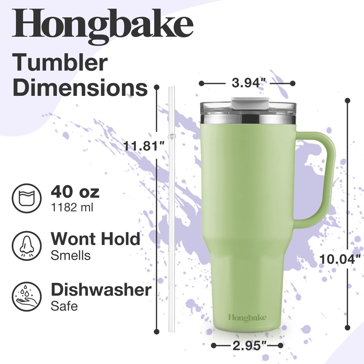 HONGBAKE 40 oz Tumbler with Handle and Straw Lid, Insulated Stainless Steel Tumbler, Travel Mug Fits Cup Holder, Dusty Lavender