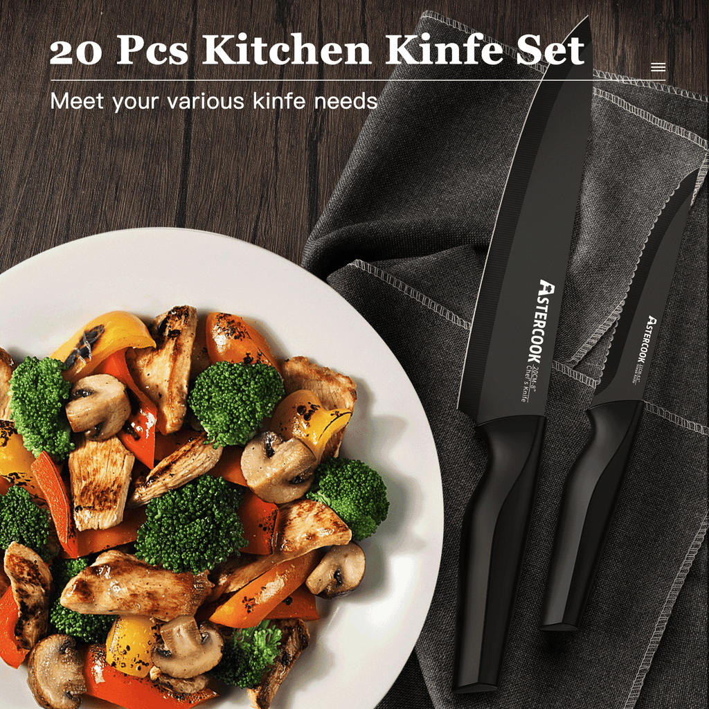 Astercook 20 Pieces Knife Set, Kitchen Knives Set with Built-in Sharpener, Healthy Anti-Rust Coating & German Stainless Steel Knife Block Sets, Dishwasher Safe Black