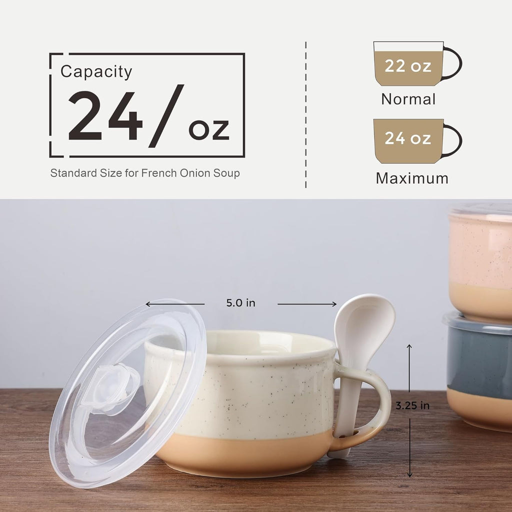 AmorArc Ceramic Soup Mugs with Handles and Lids,24 OZ Soup Cups Set of 2 with Terracotta Underside,Mug Bowls with Spoon for Soup/Cereal/Salad/Noodles/Ramen/Microware &Dishwasher Safe-White &Peach