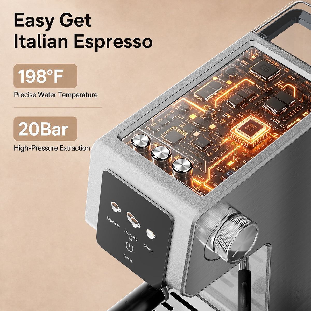 20-Bar Espresso Machine with Rapid Cold Brew, Stainless Steel Coffee Maker, 40oz Removable Water Tank for Cappuccino & Latte, Silver