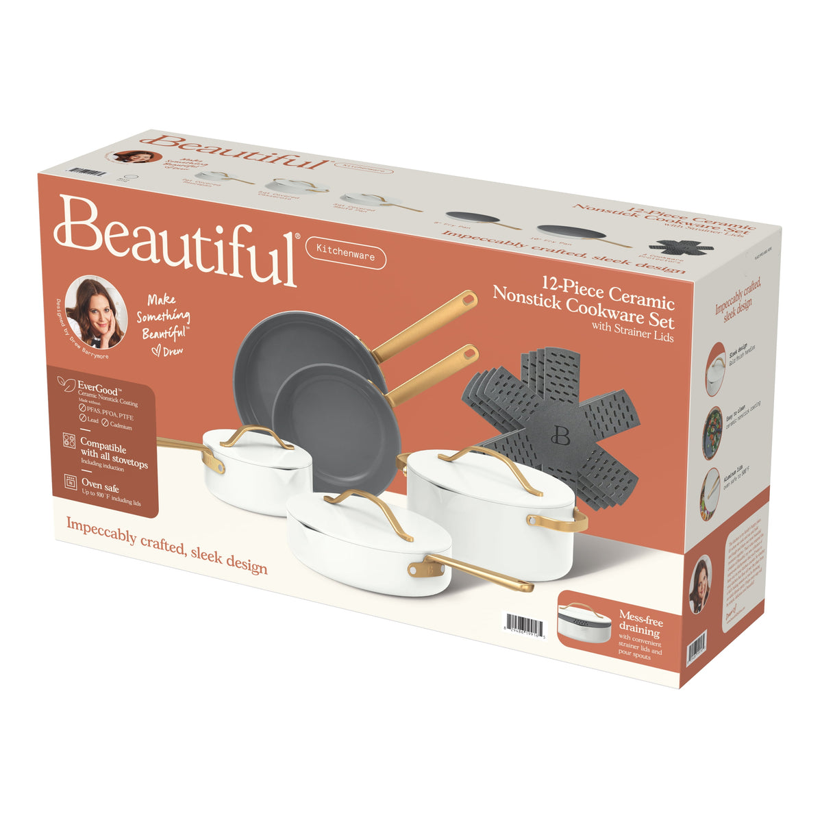 Beautiful 12-Piece Cookware Set, Pots and Pans with Strainer Lids and EverGood Ceramic Nonstick Coating, White Icing by Drew Barrymore