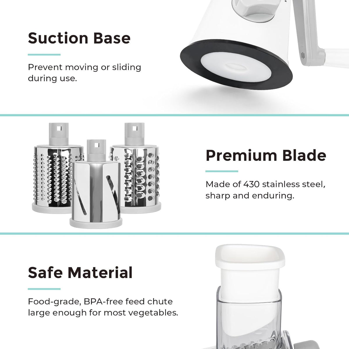 Premium Rotary Cheese Grater, Manual Cheese Grater for Kitchen, Handheld Vegetables Slicer Cheese Shredder with Rubber Suction Base, 3 Stainless Drum Blades Included,Blue